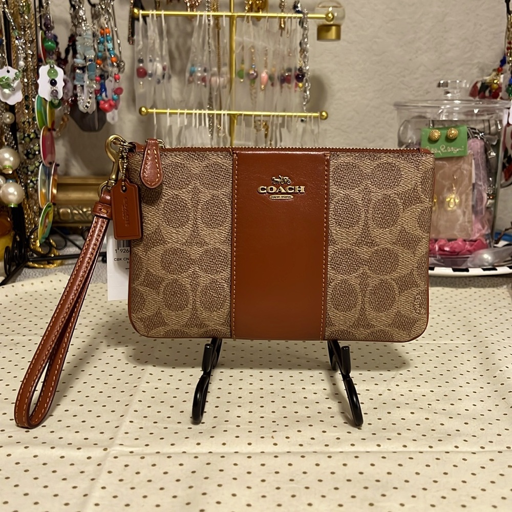 NWT COACH Coated canvas large wristlet with solid trim & strap